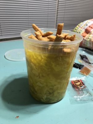 Egg drop soup with wontons (at the bottom)