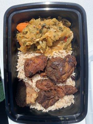 Haitian Fried Pork (Griot), rice and beans, legume (veggies)