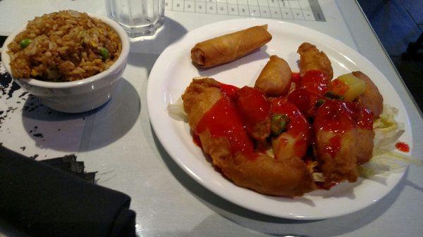 $13 worth if sweet and sour chicken, pre cooked fried rice, and egg roll and ( missing) won ton soup.