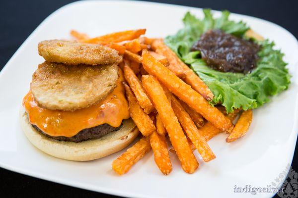 Southern Belle Burger with Homemade Pimento Cheese and Sweet Potato Fries