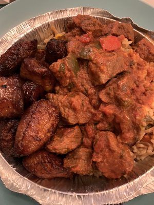 Steak stew, rice and peas, plantains