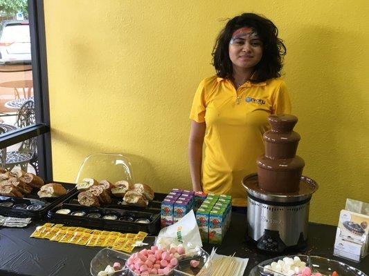 Chocolate fountain and snack area during blood drive