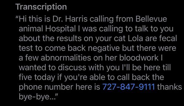 Here is the voice message- you can see she mentions the fecal test- can't even keep the lies in check