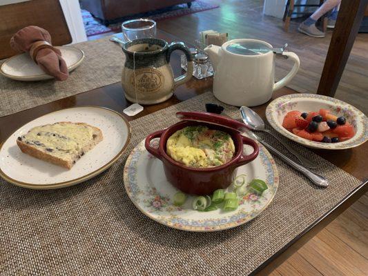 Veggie eggs in a piping hot crock.