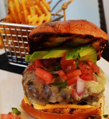 Cabo Burger with Chipotle Mayo. Pico De Gallo, Habanero Jack Cheese and Avocado.