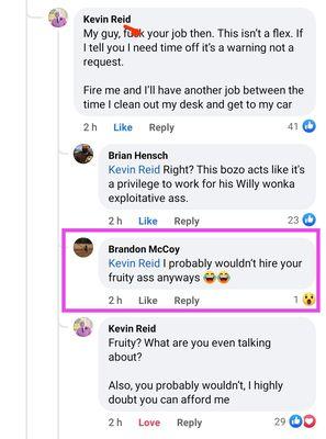 Here's Brandon using archaic homophobic language to mock a man wearing pink on Facebook. Someone needs to grow up...