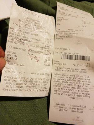 Shocking comparison of refund policy on receipt between an independently owned and a corporate Hallmark store.