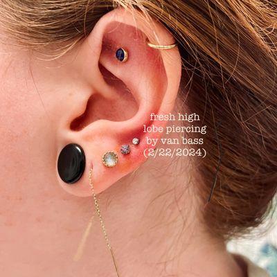 high lobe piercing w/ titanium threadless gem end (2mm cz)