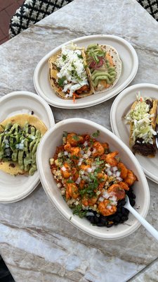 Shrimp bowl and tacos