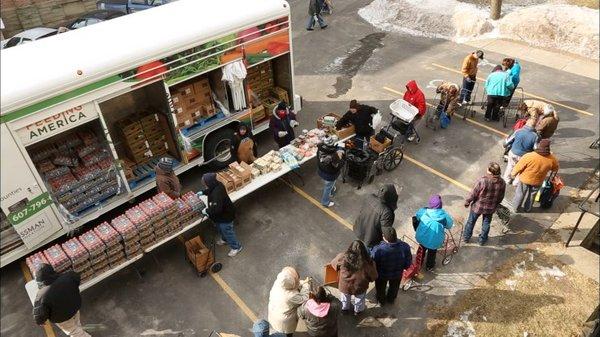 A food bank truck every 4th Thursday serves over 150 people in our parking lot.