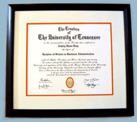 UT diplomas start at $125 which includes a select black wood frame, double mat and regular glass