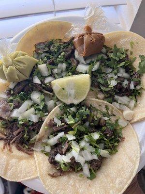 Barbacoa tacos on corn tortillas