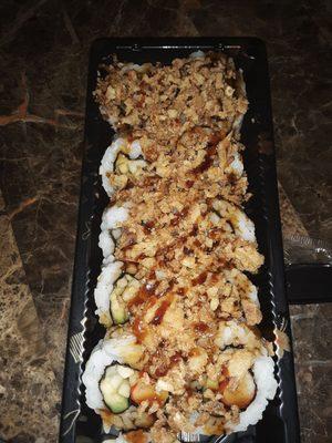 California Roll with Crunchies & Eel Sauce