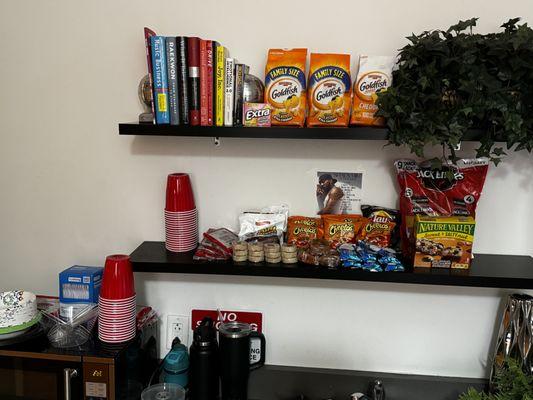 Community kitchen filled with snacks for clients