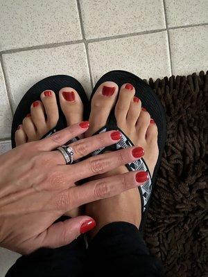 Beautiful red powder gel and regular pedicure.