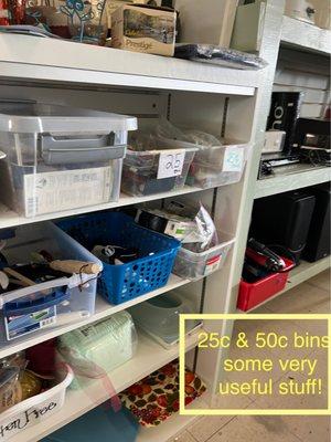 25c and 50c bins full of little treasures or useful objects. Items on shelf above are $1-4.