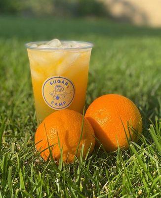 Happy Camper is our Freshly Squeezed Orange Juice plus Sugar Cane. There's something smooth about this wombo combo.