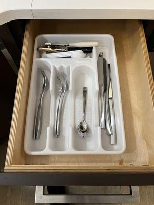 Silverware tray showing lack of silverware.