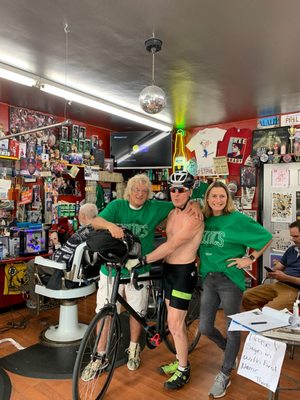 Fast Phil's loves Bicyclists!  They let this nice gentleman bring his bike into the shop while they cut his hair.