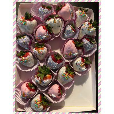 Unicorn Chocolate Covered Strawberry shapes in the number 9.