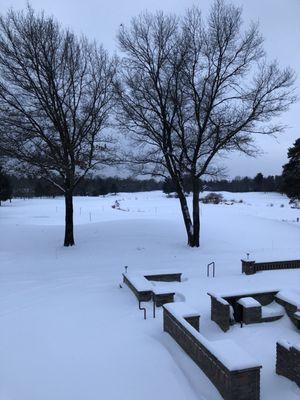 Snow covering the patio and course...