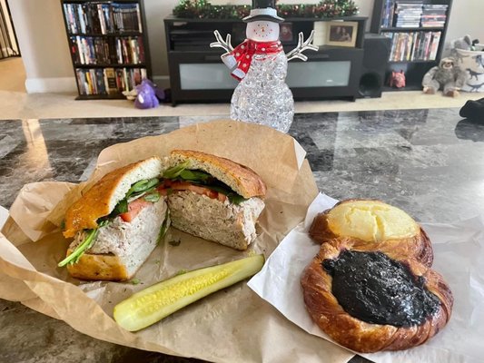 Chicken salad on focaccia and a blueberry-cheese danish.