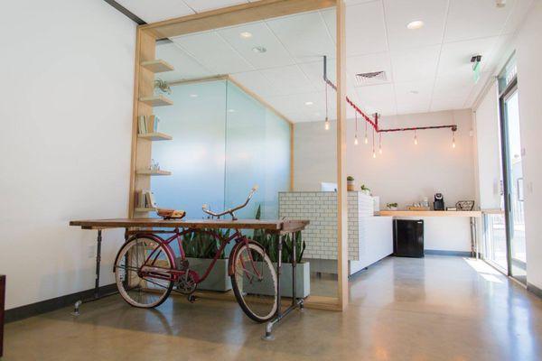 Waiting area. Complete with a bike table.