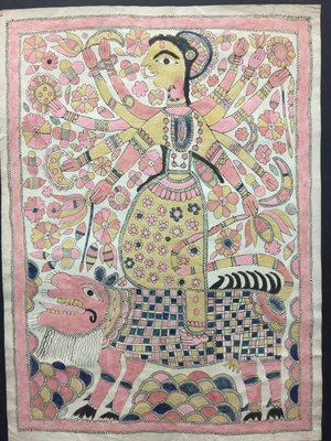 Madhubani Painting of Durga on a lion - Ethnic Arts @ Traveler's Market.