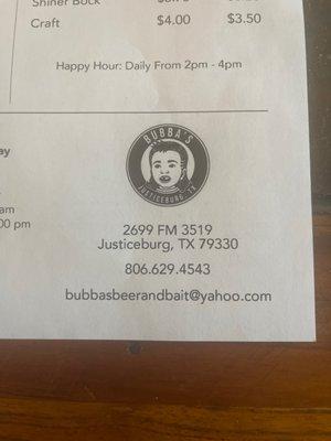 Contact info and happy hour