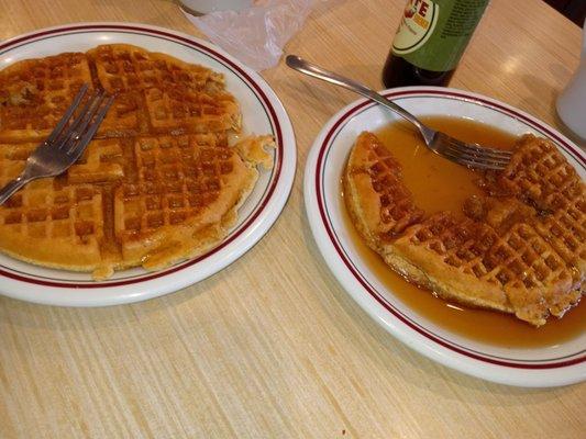 nasty soggy waffles due to syrup running like water . makes soogy mess that gags ya to try swallow a bite