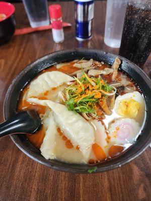 Orochon Miso Ramen with dumplings and shitake mushrooms