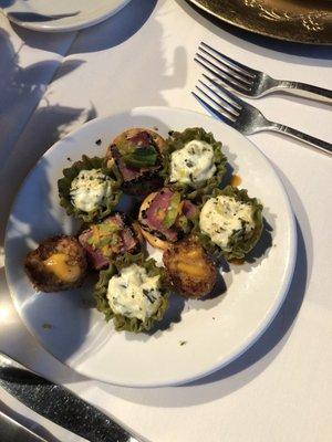 Wedding cocktail hour- Crab cakes, spinach and artichoke shells, and tuna tartare bites