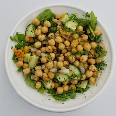 D.TOX Spring Salad (garbanzo beans, roasted yellow tomato, red onion, cucumber, arugula, dill, balsamic vinegar & olive oil)