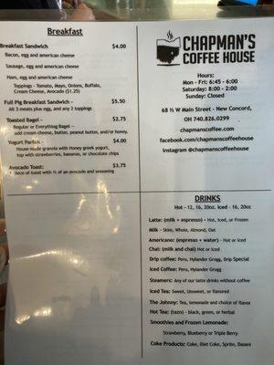 Menu, including drinks and breakfast