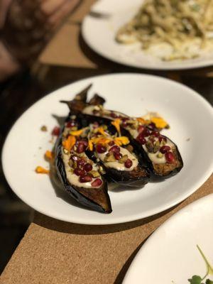 Vegan Side: Seared eggplant with garlic tahini, pomegranate and pistachio