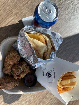 Honey pepper fried chicken lunch, with dbl cheddar burger fries and drink.