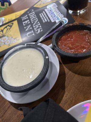 Small cheese dip and complimentary salsa