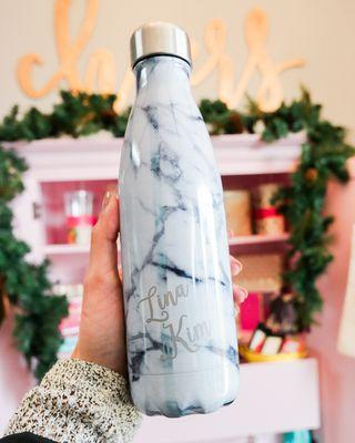 Personalized White Marble S'well bottle.