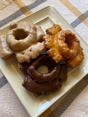 Old Fashion Chocolate, Glazed & Maple donuts.