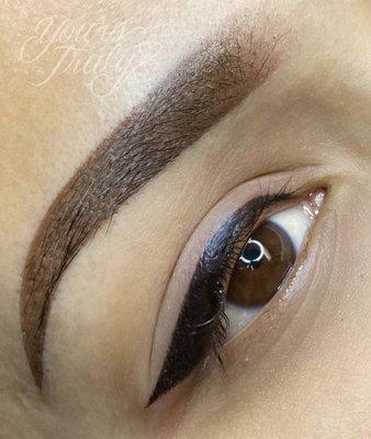 Retouched brows + Winged liner