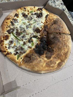 We asked for half with toppings, half without (aka plain cheese)