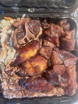 Oxtails  Rice and peas Plantains Steamed veg