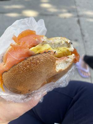 Bagel with egg, cream cheese, and lox