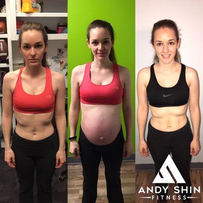 Photo progression: pre-pregnancy, 8 months pregnant, 6 months postpartum. Andy kept me healthy and fit during my pregnancy!