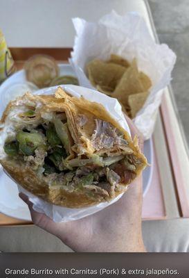 Grande Carnitas Burrito with extra jalapeños