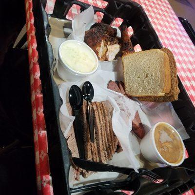 Brisket,jalapeño sausage , chicken,beans and potato salad