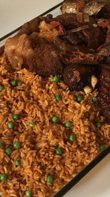 Jollof rice with assorted meat.  Yum!