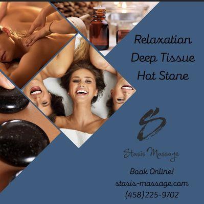 Swedish, Deep Tissue, Hot Stone Massage