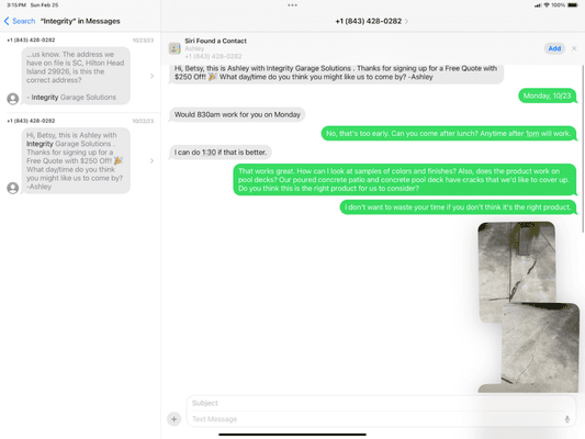 Text exchange prior to hiring IGS and their promise that their product will hide the cracks....