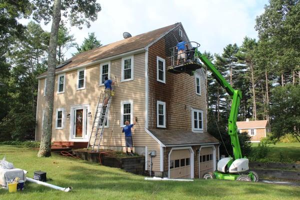 Full home exterior restoration. Cedar siding cleaning and sealing, clapboard & trim repair and paint.